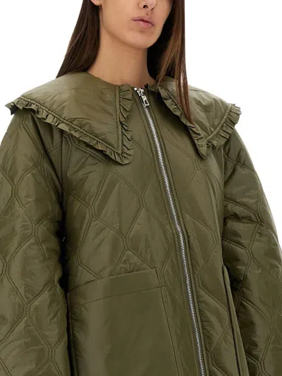 Ganni Lightweight Down Jacket With Oversized Collar In Green