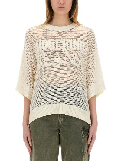 Moschino Jeans Mesh Shirt With Logo In Beige