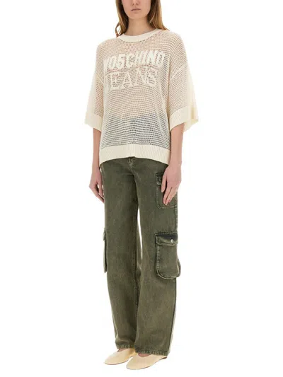 Moschino Jeans Mesh Shirt With Logo In Beige