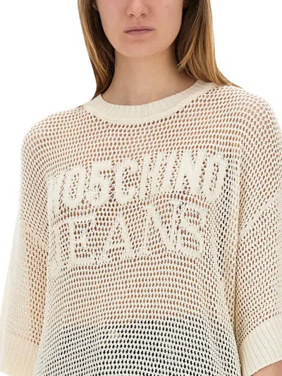 Moschino Jeans Mesh Shirt With Logo In Beige