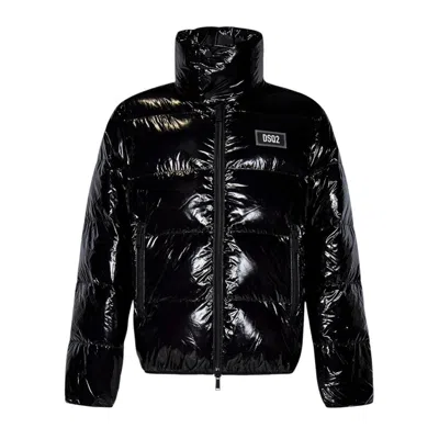 Dsquared2 Black Down Jacket With Logo Patch On The Front In Tech Fabric Man In Black
