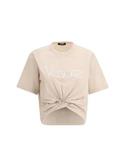 Versace Cropped T-shirt With Twist Detail And Safety Pin Logo In Pink