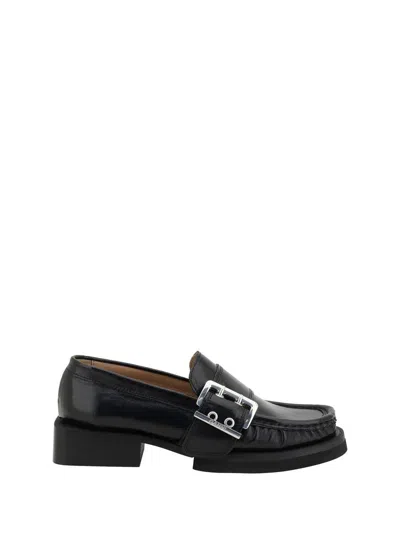 Ganni + Net Sustain Feminine Buckled Recycled Faux Patent-leather Loafers In Black