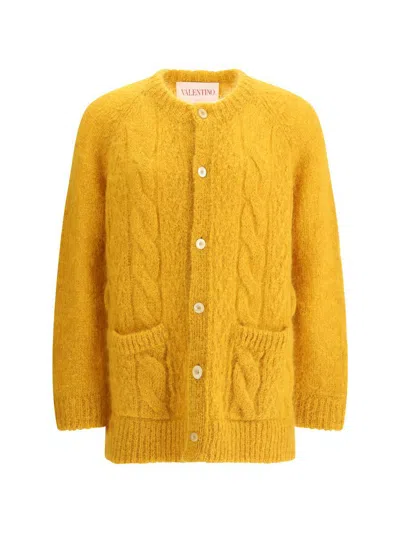 Valentino Mens Patch-pocket Mohair-blend Cable Knit Cardigan Ocra In Ocra