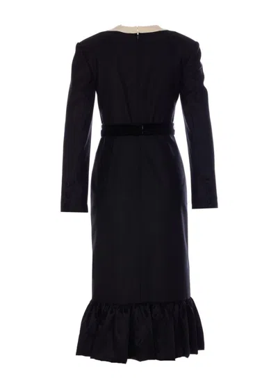 Valentino Belted Bow-embellished Velvet And Ottoman-trimmed Wool Midi Dress In Black