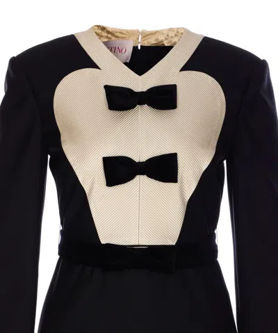 Valentino Belted Bow-embellished Velvet And Ottoman-trimmed Wool Midi Dress In Black