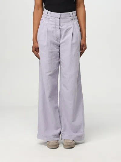 Brunello Cucinelli Violet Pants With Monil Detail On The Loop And Wide Leg In Cotton And Linen Blend Woman In Lilac