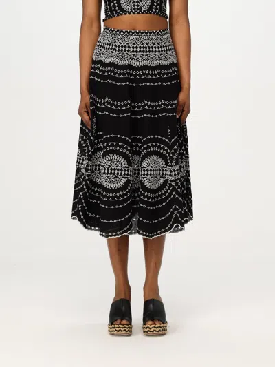 Charo Ruiz 'livvy' Black Midi Skirt With Scallop Hem And All-over Embroidery In Cotton Nad Linen Blend Woman In Black