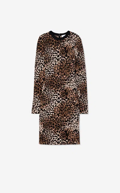 St John Leopard Jacquard Side-stripe Long-sleeve Dress In Camel Black Multi