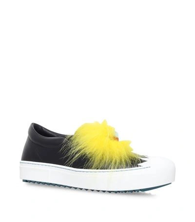 Fendi 20mm Bugs Leather & Fur Slip-on Sneakers, Black/yellow