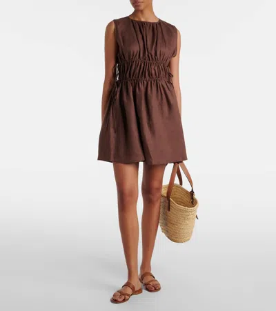 Asceno Gathered Linen Minidress In Chocolate