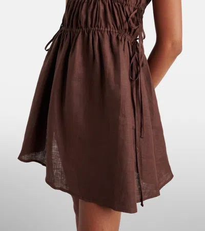 Asceno Gathered Linen Minidress In Chocolate