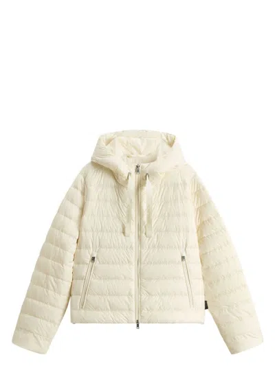 Woolrich Short Down Jacket With Hood And Quilted Pattern In White