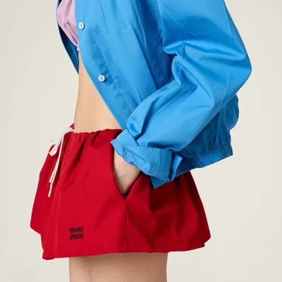 Miu Miu Poplin Mini Flared Skirt With Side Pockets In Scarlet