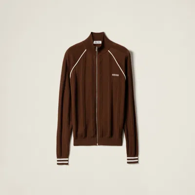 Miu Miu Striped Pointelle Knit Zip Cardigan In Cocoa Brown/natural