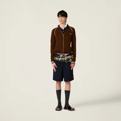 Miu Miu Striped Pointelle Knit Zip Cardigan In Cocoa Brown/natural