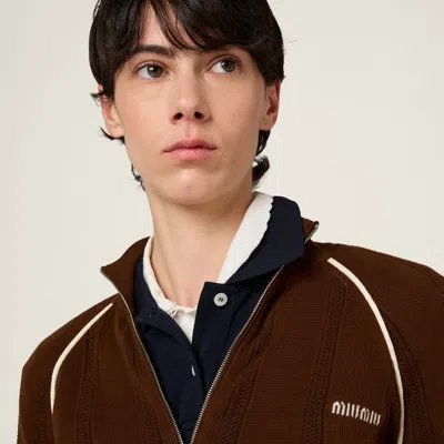 Miu Miu Striped Pointelle Knit Zip Cardigan In Cocoa Brown/natural