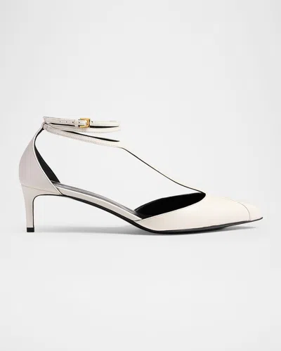 Khaite Mia Kitten Heel Pointed Toe T-strap Pump In Optic White