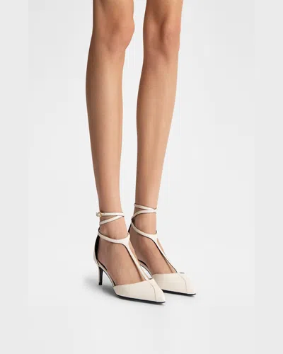 Khaite Mia Kitten Heel Pointed Toe T-strap Pump In Optic White
