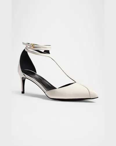 Khaite Mia Kitten Heel Pointed Toe T-strap Pump In Optic White