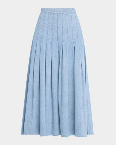 The Great . The Rhythm Pleated Chambray Midi Skirt In Boiler Wash