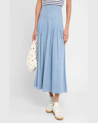 The Great . The Rhythm Pleated Chambray Midi Skirt In Boiler Wash