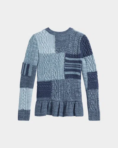 Ralph Lauren Girl's Cotton Patchwork Cardigan Sweater In Blue Heather Multi