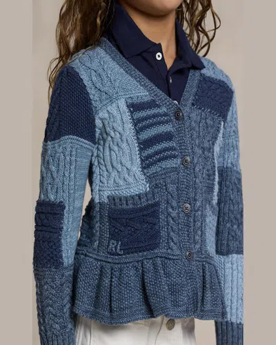 Ralph Lauren Girl's Cotton Patchwork Cardigan Sweater In Blue Heather Multi