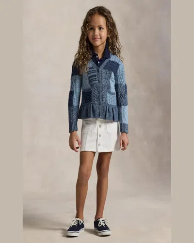 Ralph Lauren Girl's Cotton Patchwork Cardigan Sweater In Blue Heather Multi