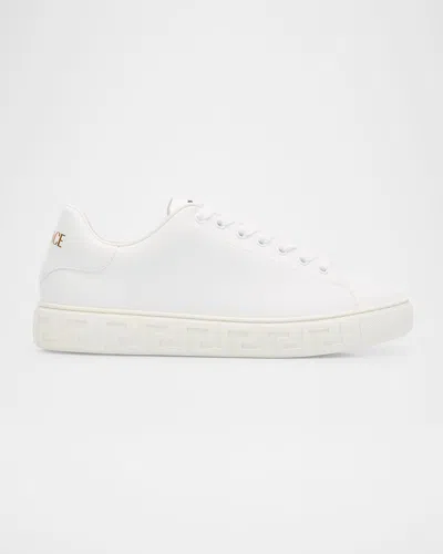 Versace Leather Sneakers With La Greca Motif In 1w010 White
