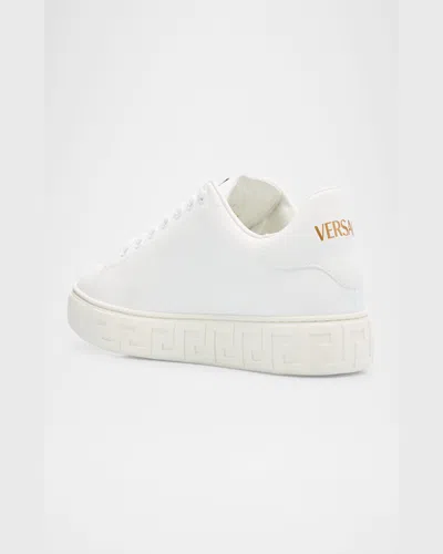 Versace Leather Sneakers With La Greca Motif In 1w010 White