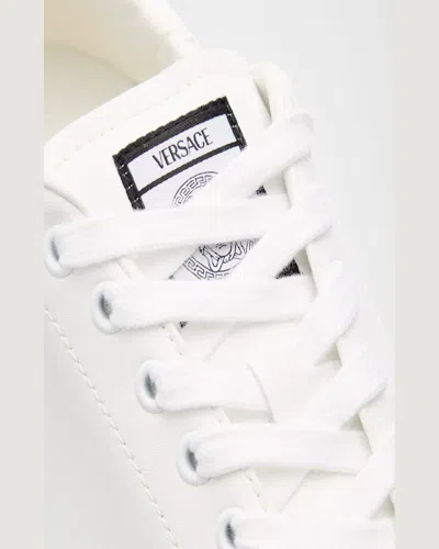 Versace Leather Sneakers With La Greca Motif In 1w010 White