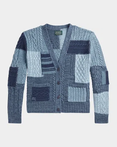 Ralph Lauren Girl's Cotton Patchwork Cardigan Sweater In Blue Heather Multi