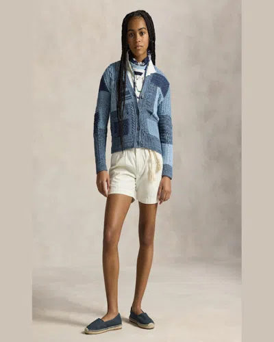 Ralph Lauren Girl's Cotton Patchwork Cardigan Sweater In Blue Heather Multi