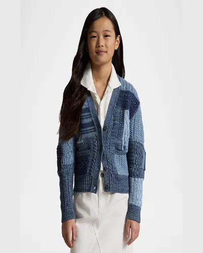 Ralph Lauren Girl's Cotton Patchwork Cardigan Sweater In Blue Heather Multi