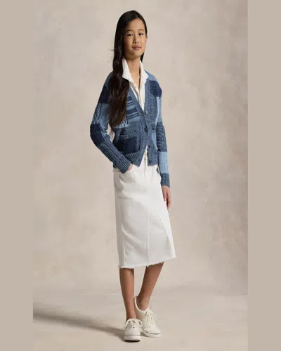 Ralph Lauren Girl's Cotton Patchwork Cardigan Sweater In Blue Heather Multi