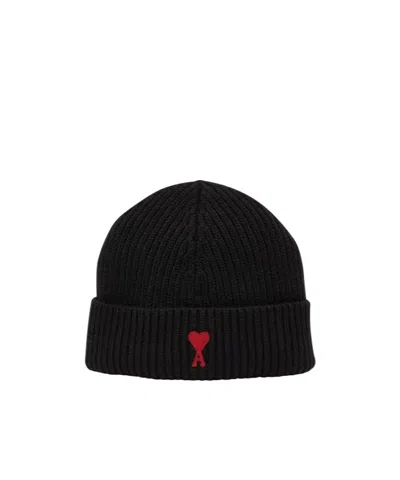 Ami Alexandre Mattiussi Black Beanie With Turn-up Brim And Adc Embroidery On The Front In Wool Man In Black