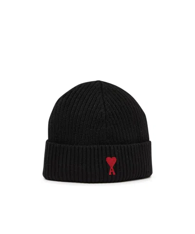 Ami Alexandre Mattiussi Black Beanie With Turn-up Brim And Adc Embroidery On The Front In Wool Man In Black