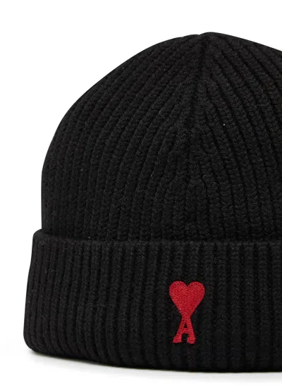 Ami Alexandre Mattiussi Black Beanie With Turn-up Brim And Adc Embroidery On The Front In Wool Man In Black