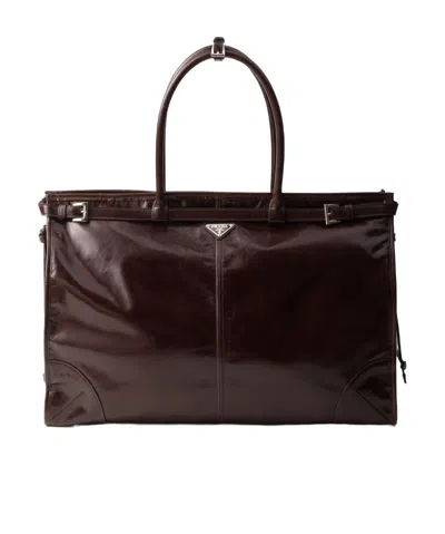 Prada Chocolate Leather Large Shopping Bag In Dark Brown