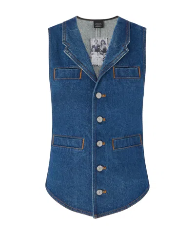 Pinko Tailored Blue Denim Gilet With Notched Lapel In Blue