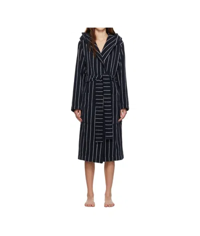 Tekla Black & White Terry Hooded Bathrobe In Navy Blue