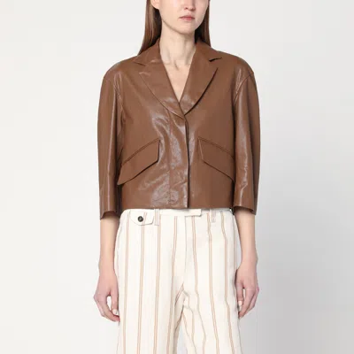 Brunello Cucinelli Brown Crop Jacket With Classic Lapels And Three-quarter Sleeves In Leather Woman In Brown
