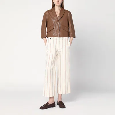 Brunello Cucinelli Brown Crop Jacket With Classic Lapels And Three-quarter Sleeves In Leather Woman In Brown