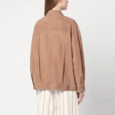 Brunello Cucinelli Brown Leather Overshirt Jacket In Beige