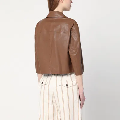 Brunello Cucinelli Brown Crop Jacket With Classic Lapels And Three-quarter Sleeves In Leather Woman In Brown