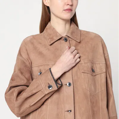 Brunello Cucinelli Brown Leather Overshirt Jacket In Beige