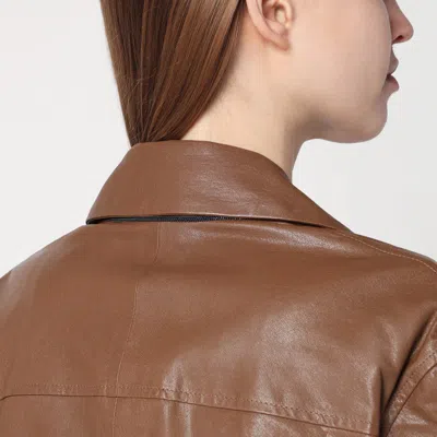 Brunello Cucinelli Brown Crop Jacket With Classic Lapels And Three-quarter Sleeves In Leather Woman In Brown