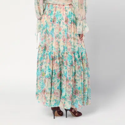 Chloé Pleated Tiered Floral-print Silk-chiffon Maxi Skirt In Beige