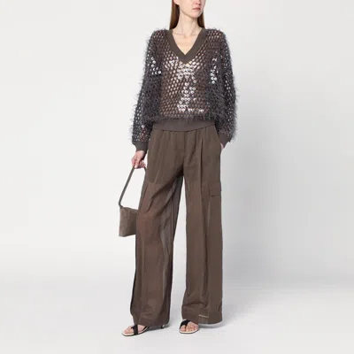 Brunello Cucinelli Chocolate Mesh Top With Sequins In Brown